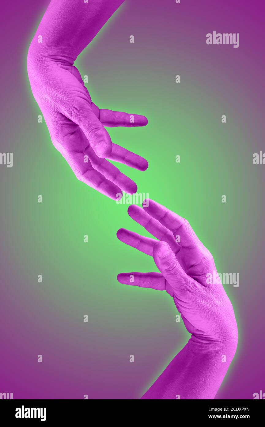 Due mani in stile collage pop art con colori audaci al neon. Elemento creativo psichedelico moderno con palmo umano per poster, striscioni Foto Stock