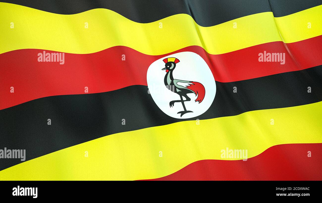 La bandiera sventolante dell'Uganda . Illustrazione 3D di alta qualità. Perfetto per notizie, reportage, eventi. Foto Stock