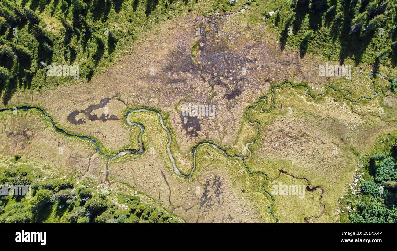 Vista aerea della Valle del Sole (Valle del Sole) dal lago di Malghette in estate, Trentino Alto Adige, Italia settentrionale, Europa. Splendida vista aerea Foto Stock