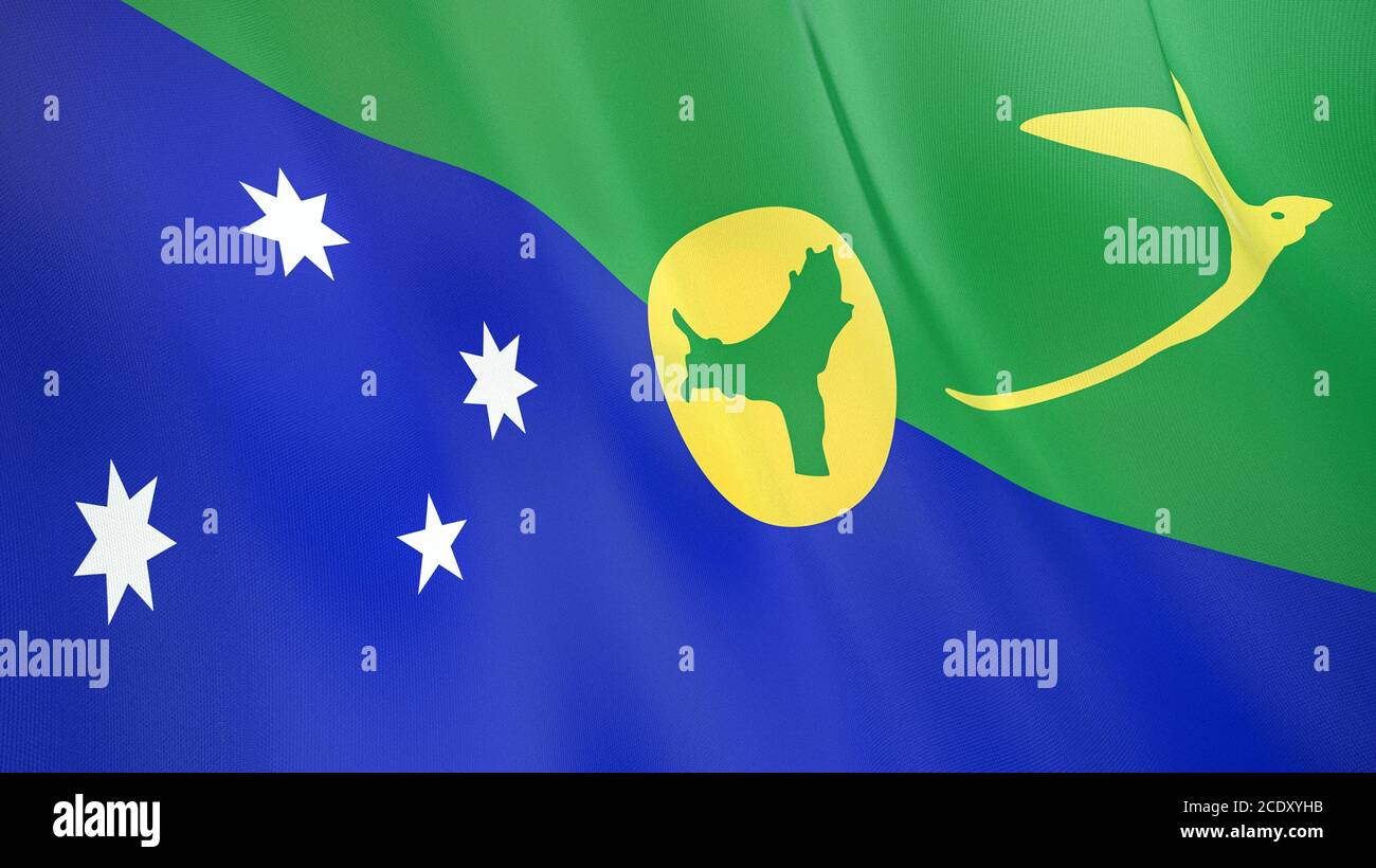La bandiera sventolante delle Isole di Natale . Illustrazione 3D di alta qualità. Perfetto per notizie, reportage, eventi. Foto Stock