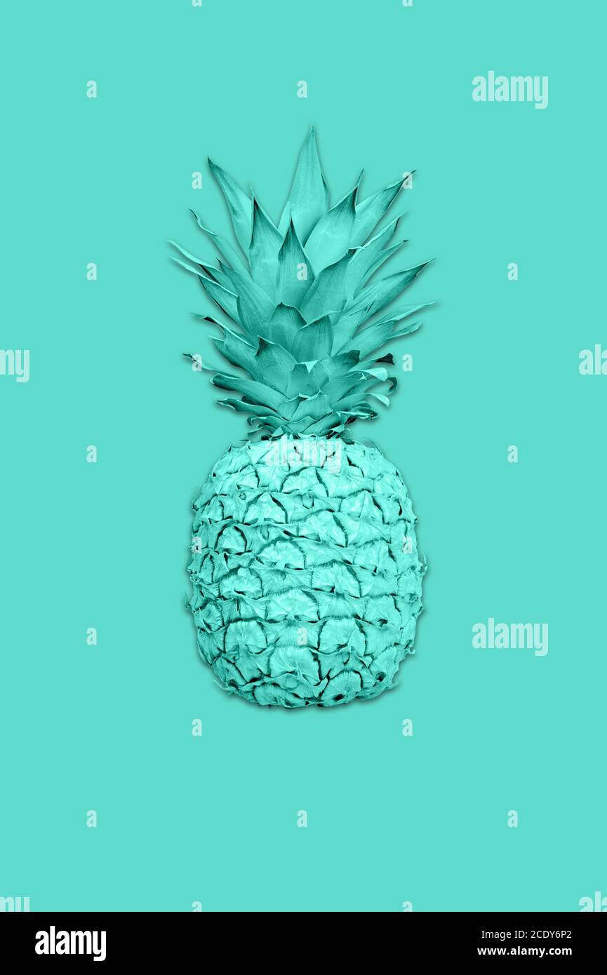 Collage con ananas in vivaci colori olografici sfumati in uno stile creativo di concept art. Immagine al neon creativa e colorata wi Foto Stock