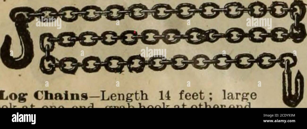 . Stanley Mills & Co. ... n. catalogo. 045 . H 176* H 1763 H 1762-Chi8el Bill Cant Hook 95c H 1763 - miglior gancio per duck Bill Cant, con manici Bestacmere, lunghezza usuale, 81.10. H 1764 - miglior buck Bill Peavey, manico in acero; lunghezza normale, 81.15. H 1765 - migliori maniglie a gancio per pantaloni. 30c. H 1766 - migliori impugnature Peavey. 30c. I prezzi degli attrezzi per legname in quantità saranno forniti su richiesta. CATENE LOO. Catene per tronchi - lunghezza 14 piedi; gancio per larice su un'estremità, gancio di presa sull'altra estremità, in ferro migliore; ben saldato; girevole al centro.H 1770-LogChains5/Loiron, peso 18 lb. 81.60H1771- | 23 81.85 H 1772 - catena per tronchi Heavy Open ho Foto Stock