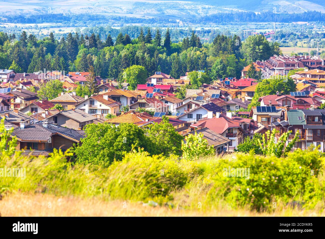 Panorama estivo a Bansko, Bulgaria Foto Stock