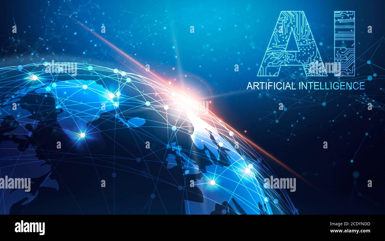 Tecnologie di intelligenza artificiale. Concetto di intelligenza artificiale con 3D Earth Globe e connessioni poligonali Foto Stock