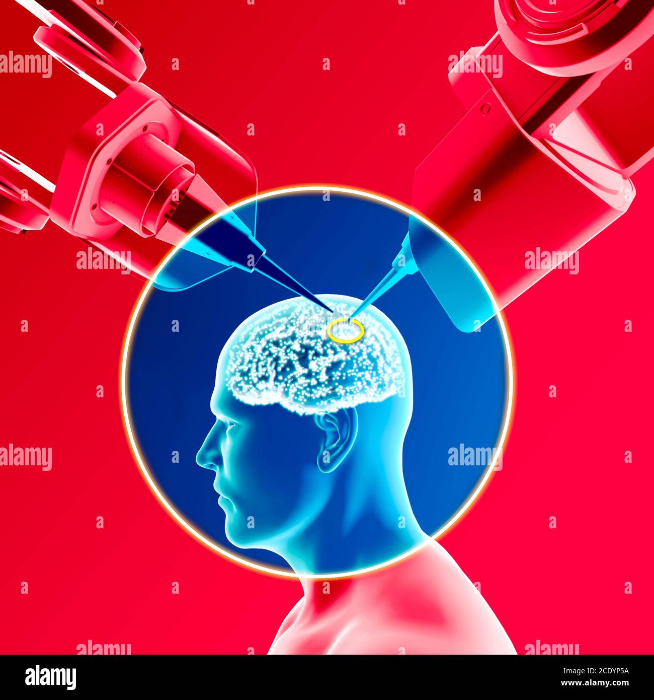 Funzionamento del cervello robotico, intervento del neurone, nuova tecnologia, intelligenza artificiale. Sensori di collegamento. Trasmettitori neurologici. Recettori. rendering 3d Foto Stock