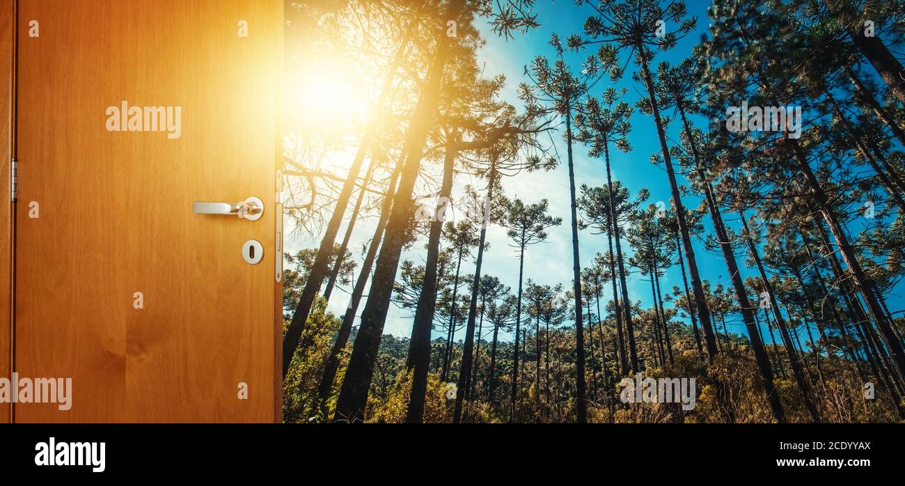 Campos do Jordao City sullo sfondo. Immagine del concetto di viaggio. Aprire la porta in un nuovo luogo speciale. Foto Stock