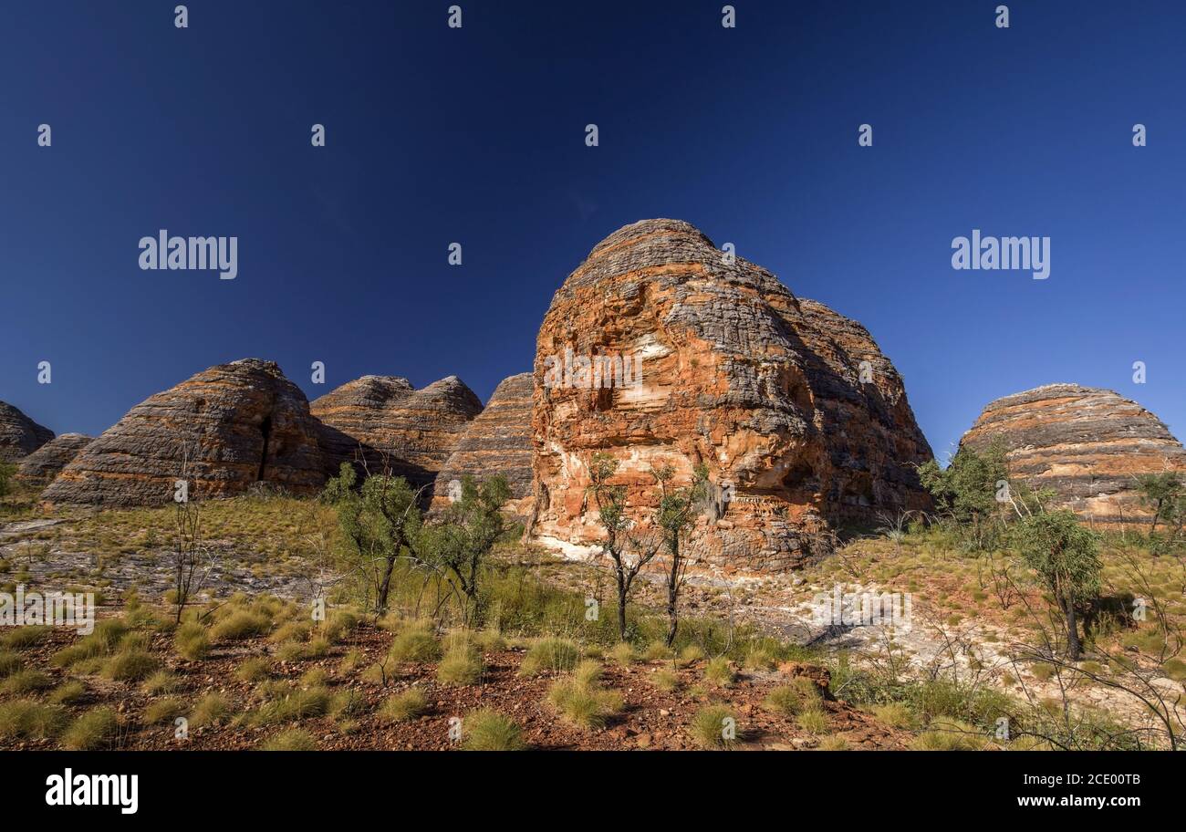 Cupola di rocce in un'escursione all'Australian outback tra con cielo blu alla luce del mattino – Australia occidentale Foto Stock