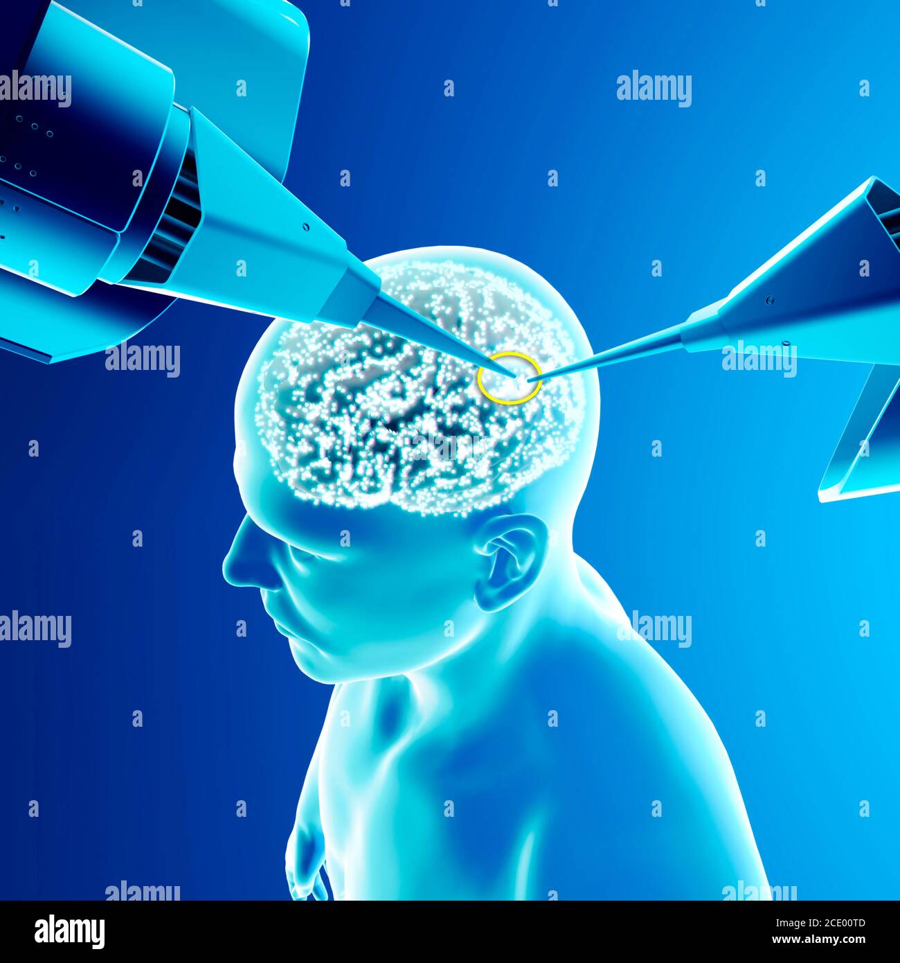 Funzionamento del cervello robotico, intervento del neurone, nuova tecnologia, intelligenza artificiale. Sensori di collegamento. Trasmettitori neurologici. Recettori. rendering 3d Foto Stock