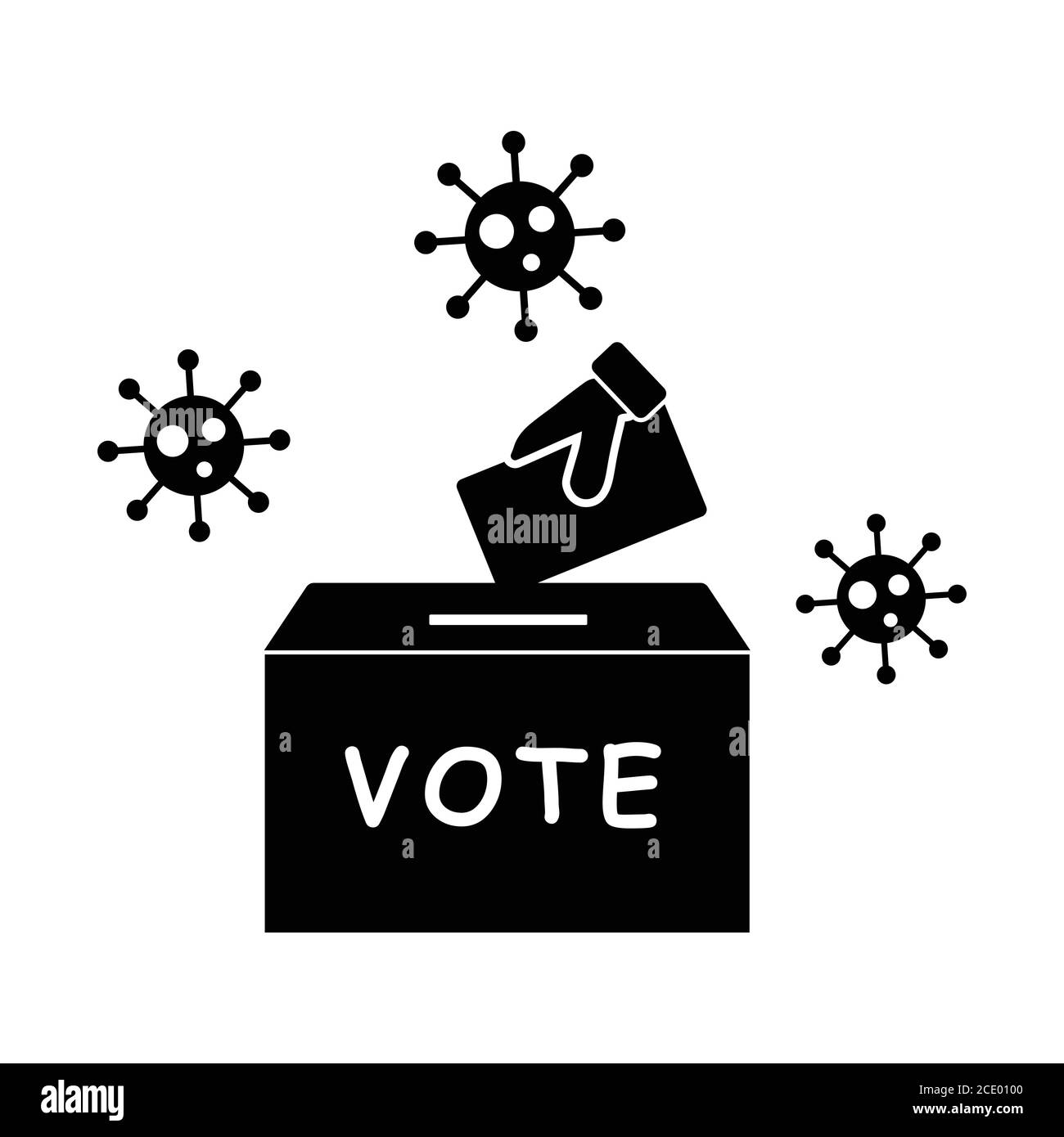 Elezione di voto durante Pandemic Virus. Pittogramma che raffigura gli elettori che votano a scrutinio durante un focolaio di pandemia virale. Vettore EPS bianco e nero Illustrazione Vettoriale