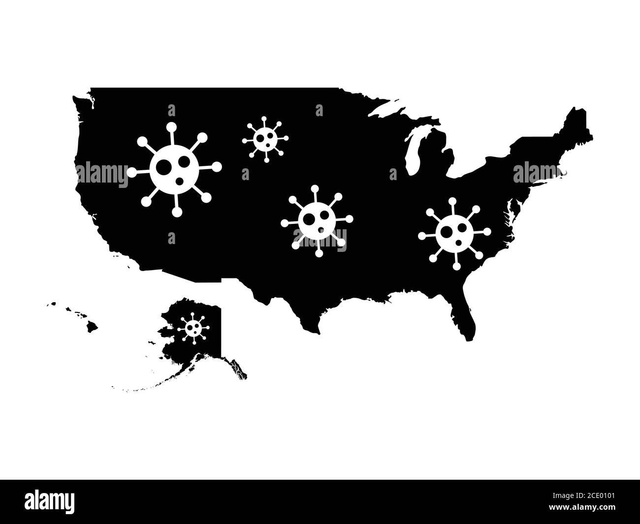 USA Mappa con icona Virus. Pittogramma che spiccano il coronavirus covid-19 sulla mappa degli stati Uniti d'America. Vettore EPS Illustrazione Vettoriale