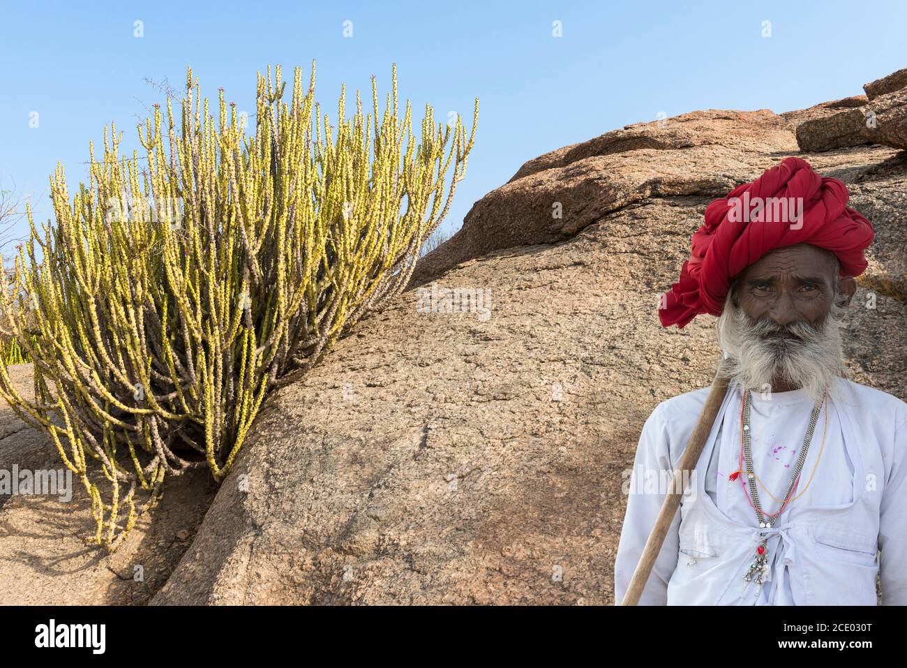 Indiano, membro della tribù Rabari, con un turbante rosso, Bera, Rajasthan, India Foto Stock