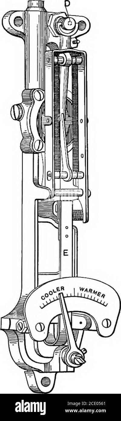 . Potenza, riscaldamento e ventilazione ... un trattato per la progettazione e la costruzione di ingegneri, architetti e studenti . scopi di illustrazione. Termostato Baxliator g 0) a &gt; tubo aria 8 e-^ -1 pressione AirCompressor Tank Fig. 158. Schema dei dispositivi di regolazione della temperatura. L'apparecchiatura come ora utilizzata è costituita da tre caratteristiche essenziali, come mostrato in Fig. 158: In primo luogo, un compressore d'aria, un serbatoio e tubi di distribuzione; in secondo luogo, termostati posti nei locali o spazi da regolare; e in terzo luogo, valvole pneumatiche speciali sui radiatori, o attacchi a membrana in corrispondenza degli smorzatori di miscelazione. Compressori d'aria Foto Stock