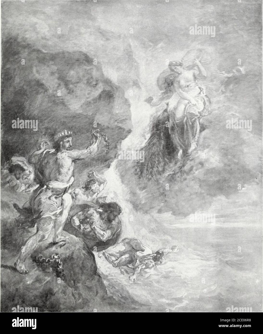 . Un gruppo di ventiquattro dipinti delle scuole francese, spagnola, tedesca e americana selezionate dalla Cottier Gallery . Ferdinando Victor Eugene Delacroix (1798-1863)GIOVE BESEECHING ^EOLUS Canvas. Altezza, 11 YZ pollici; larghezza, 61Y pollici Giove, alla Grotta dei Venti che assediano yEolus, il Dio dei Venti, per i mari calmi, simboleggia l'inverno, in cui l'uomo si rifugia dalle ribellanti esplosioni. In armonia con il motivo il colorschema è vigoroso e sorprendente. Gustave Courbet (1819 1877)PAESAGGIO IN tela INVERNALE. Altezza, ll)^ pollici; larghezza, 24 pollici. Firmato il mondo dell'arte è molto io Foto Stock