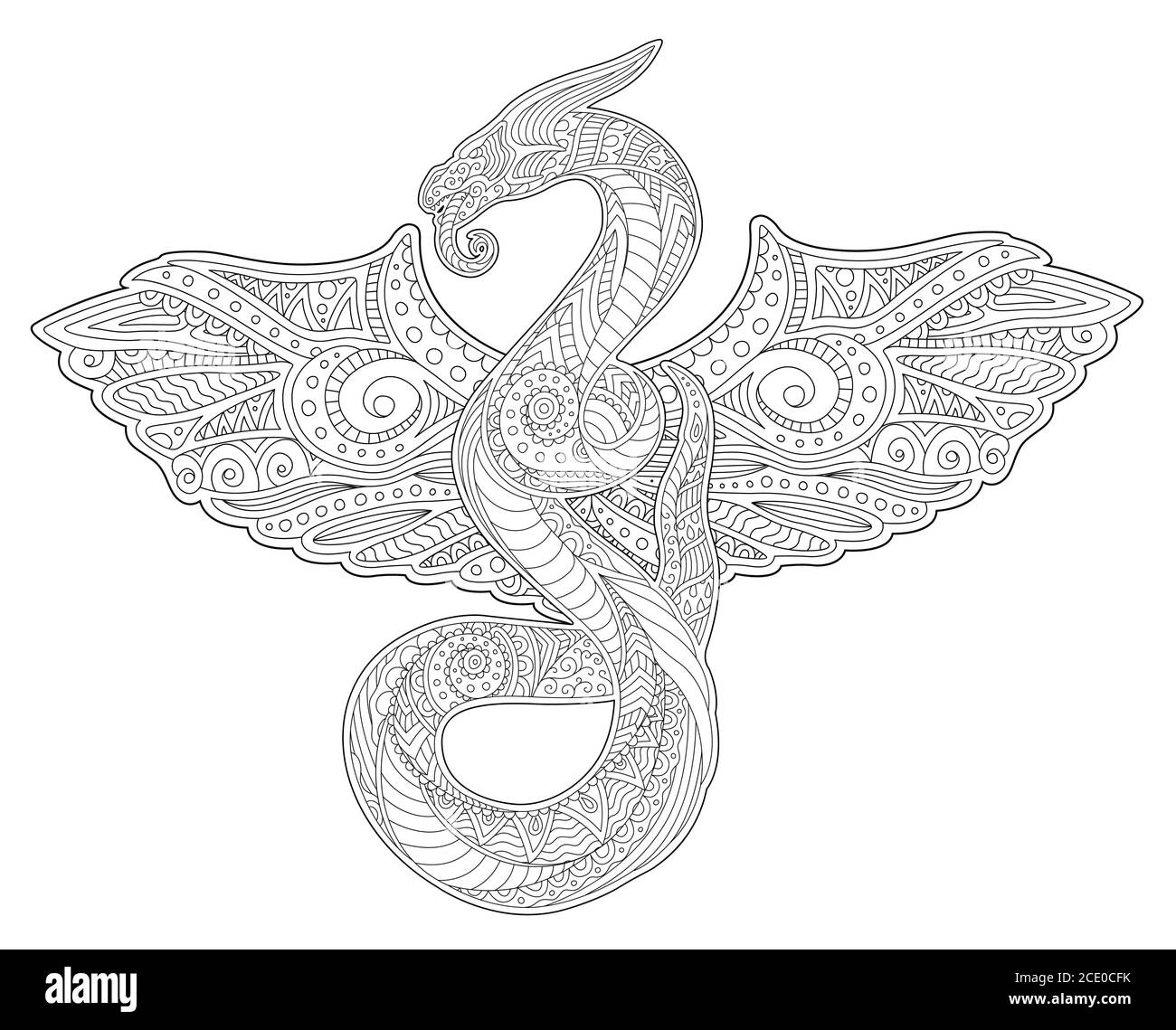 Bel libro da colorare per adulti con serpente mitico stilizzato e. ali su sfondo bianco Illustrazione Vettoriale