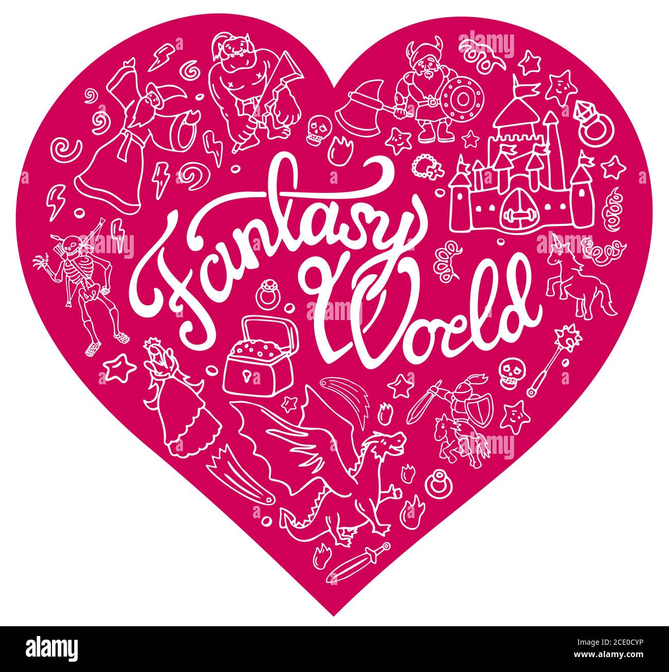 Bella collezione di personaggi e simboli fantasy in rosa forma del cuore su sfondo bianco Illustrazione Vettoriale