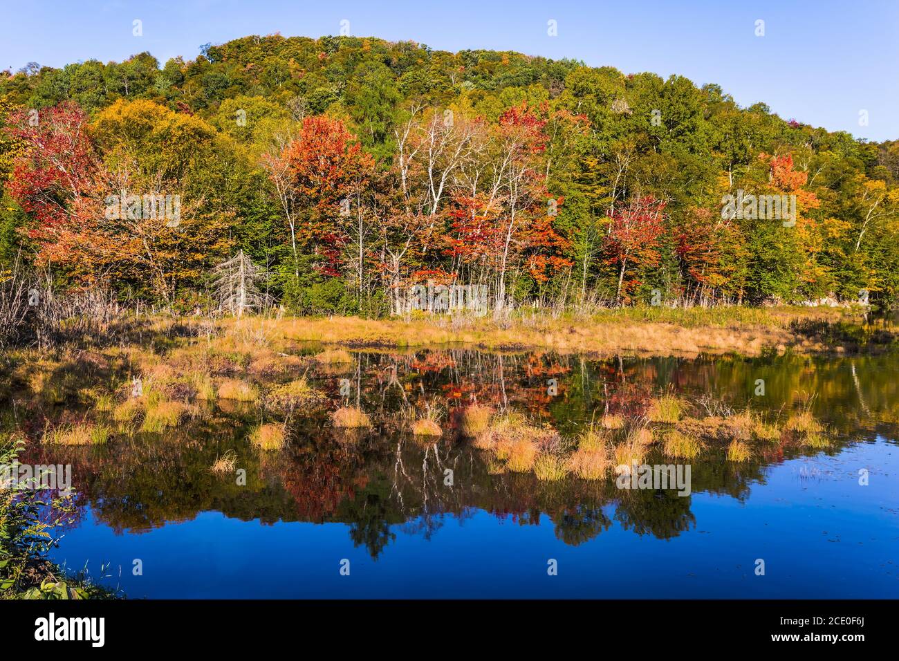 Il lago è liscio come uno specchio Foto Stock