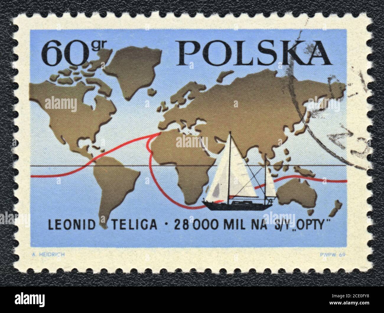Francobollo. Mappa con percorso di giro del mondo di cacciatore polacco Leonid Teliga , Polonia 1970 Foto Stock