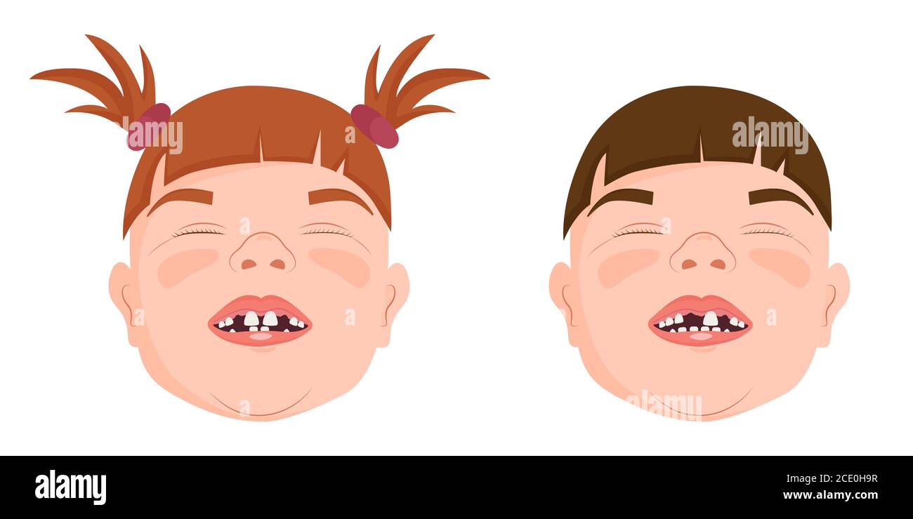 I ragazzi e le ragazze senza denti sorridono, mostrando i denti del latte caduto, illustrazione vettoriale. Illustrazione Vettoriale