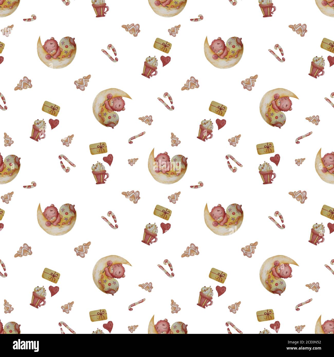 Motivo senza cuciture con orsacchiotto che dorme sulla luna e dolci decorativi di Capodanno. Pan di zenzero natalizio e caramello, tazza con schiuma e un regalo su un Foto Stock