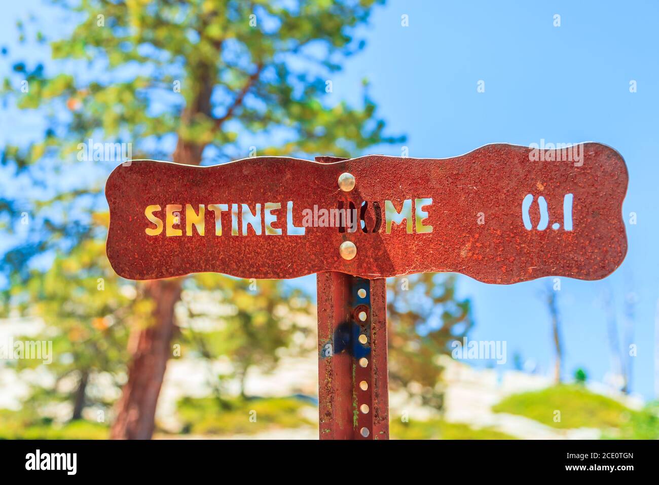 Cartello stradale del Parco Nazionale di Yosemite alla vetta del Sentinel Dome per gli escursionisti che ammirano la famosa El Capitan dal Sentinel Dome. Estate viaggio californiano Foto Stock