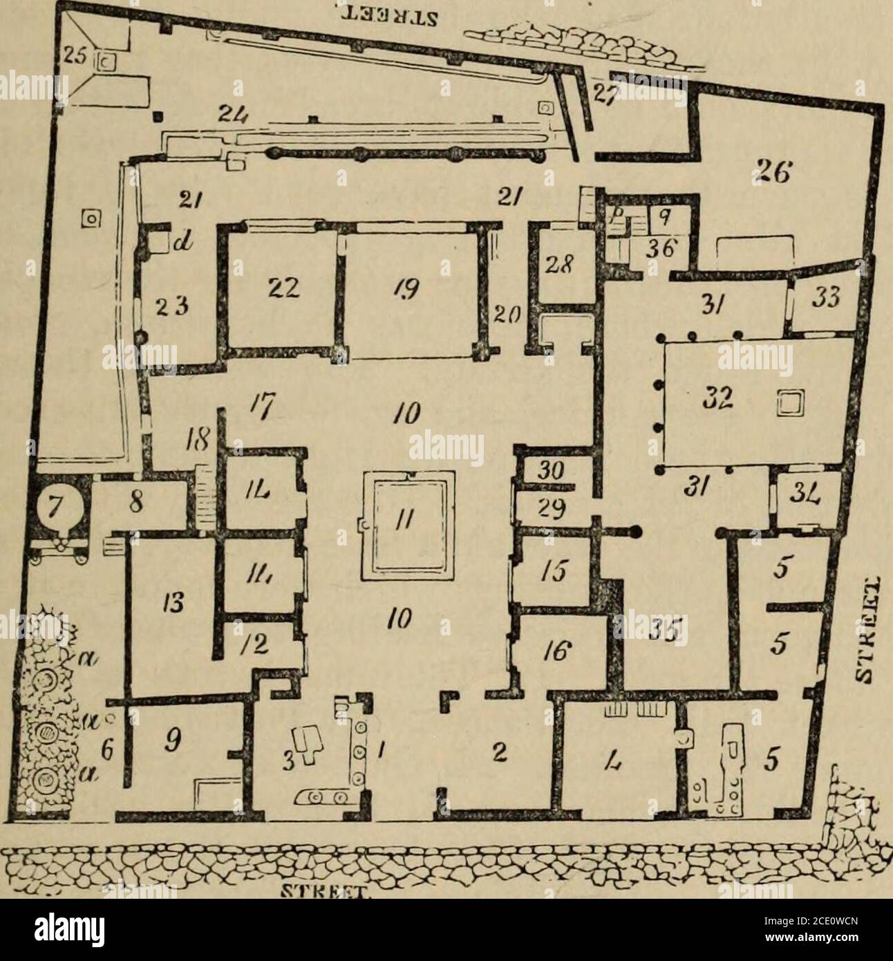 . Pompei; la sua storia, i suoi edifici e le sue antichità: Un resoconto della distruzione della città, con una descrizione completa dei resti, E dei recenti scavi e anche un itinerario per i visitatori . progetta davanti a noi gli appartamenti della casa sono quasi tutti ben sagomati e rettangolari, anche se notone dei quattro angoli della zona è un angolo retto. 1. Protiro. 2. Grande sala, che funge da vestibolo, come è abbastanza evidente dalla sua disposizione. Negli edifici relativamente umili di Pompei, il lettore non si aspetterà di trovare quella splendida disposizione per le CASE convenienti Foto Stock