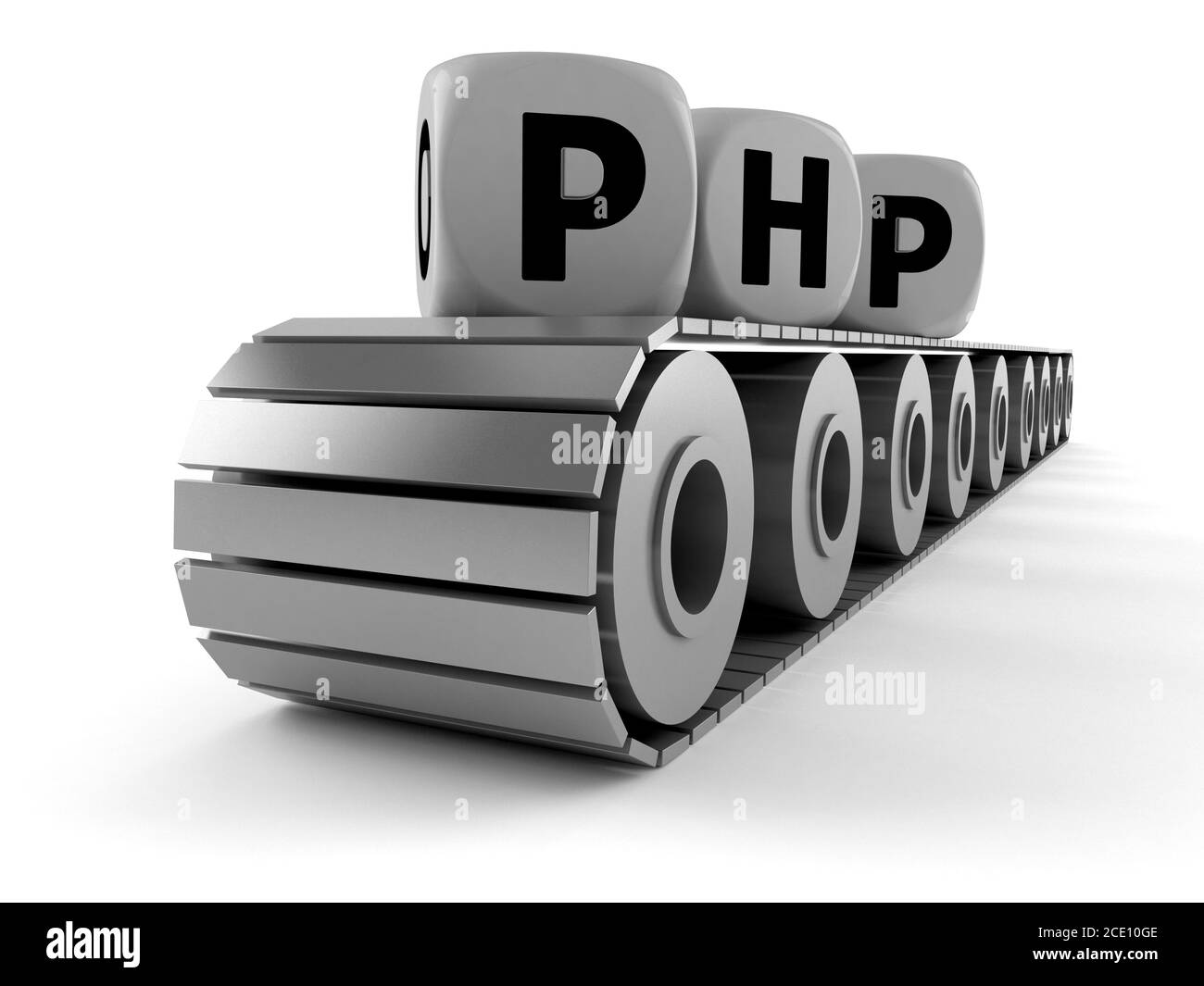 Nastro trasportatore con testo PHP isolato su sfondo bianco Foto Stock