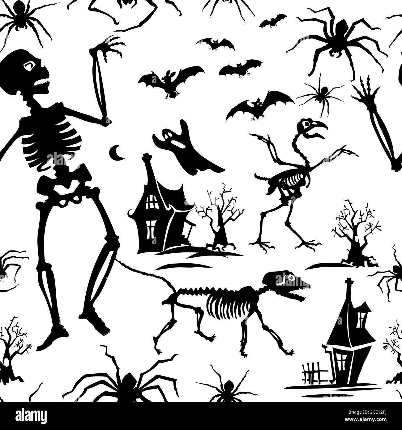 Halloween, scheletro, gatto, zucca, pipistrello, cranio, scopa, candela, ragno fantasma, vettore, silhouette, fantoccio, candela, luce, testa, grafica, segno, immagine Illustrazione Vettoriale