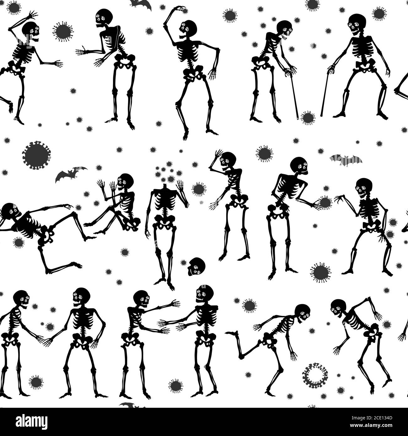 Pattern, Corona virus, bianco e nero, silhouette, scheletro, un gruppo di scheletri, musicista, chitarrista, batterista, trombettista, danza, ballerino, chitarra Illustrazione Vettoriale
