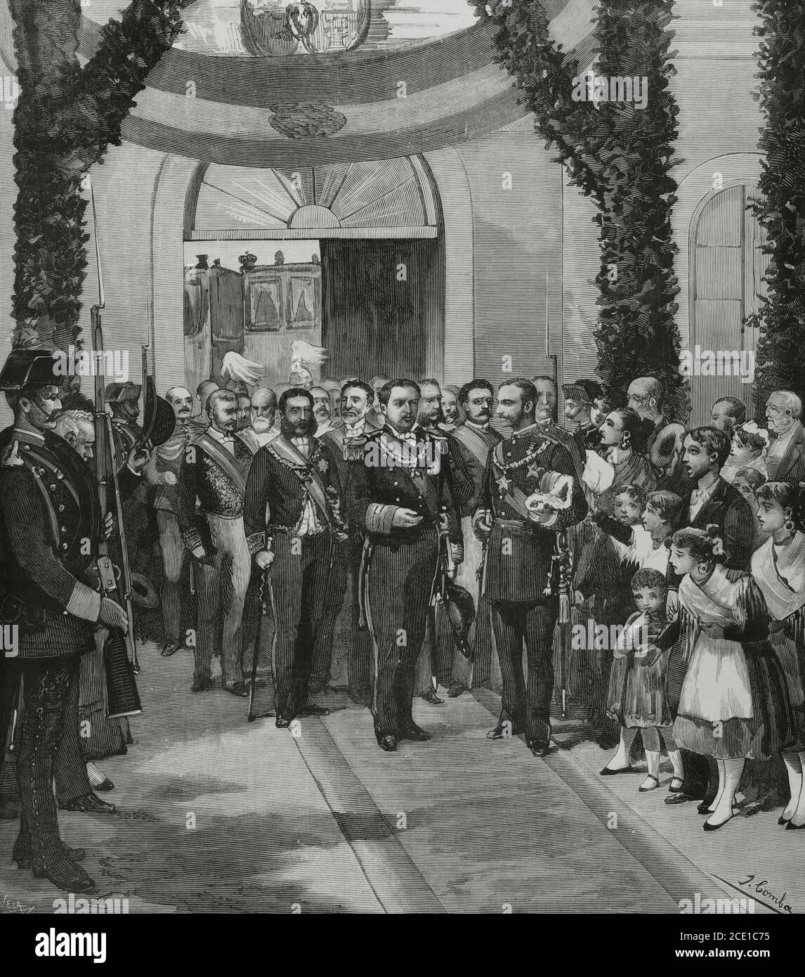 Spagna, Estremadura, provincia di Caceres, Valencia de Alcántara. Re Alfonso XII di Spagna (1857-1885) e Re Luis i di Portogallo (1838-1889) in occasione dell'inaugurazione della linea ferroviaria Madrid-Lisbona, 8 ottobre 1881. I re che lasciano la stazione. Disegno di vita di Juan Comba. Incisione di vela. La Ilustracion Española y americana, 1881. Foto Stock