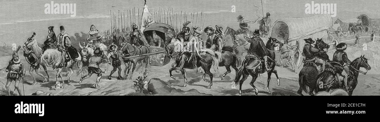 Re Filippo II di Spagna (1527-1598) in viaggio a Caceres per il suo ritorno dalla campagna militare in Portogallo (maggio 1583). Incisione. La Ilustracion Española y americana, 1881. Foto Stock