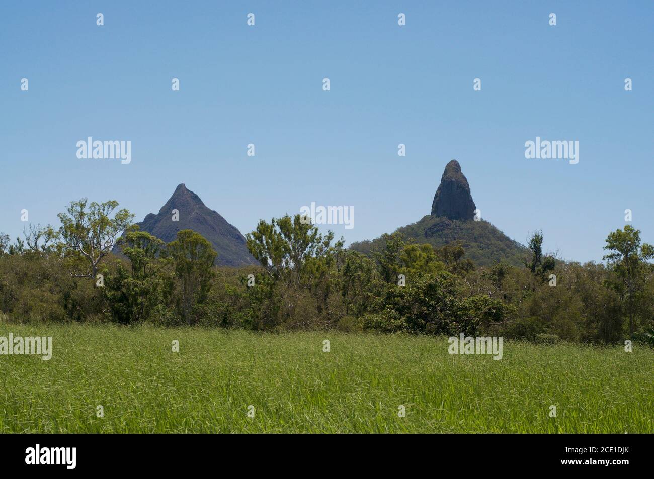Splendida vista panoramica sul monte Coonowrin e Mt. Beerwah della Glass House Mountains situata a Queensland, Australia Foto Stock