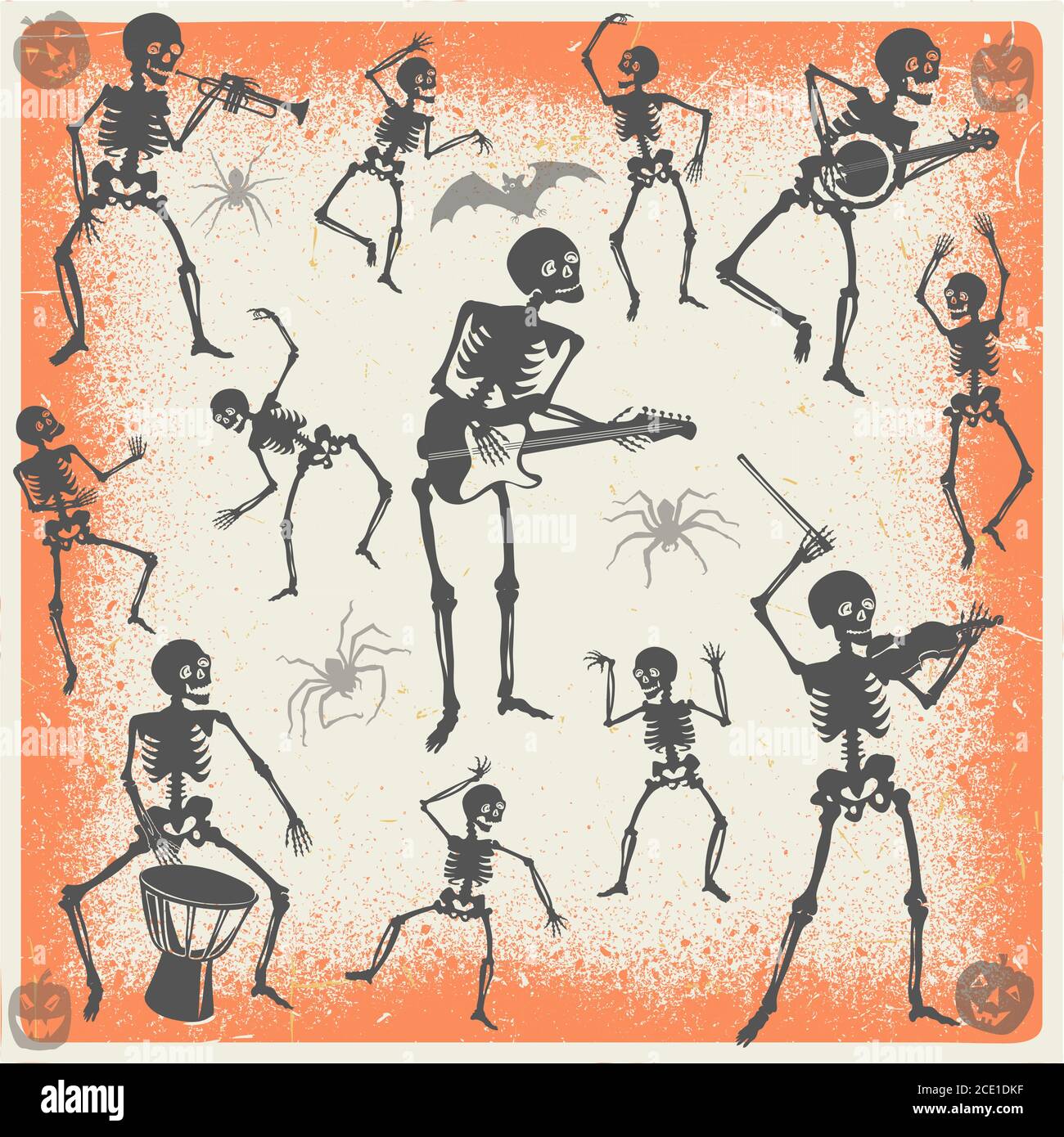 Scheletro, Halloween, musicista, chitarrista, batterista, trombettista, danza, ballerino, chitarra, banjo, violino, tromba, scheletro, fantasma, spettri, apparizione Illustrazione Vettoriale
