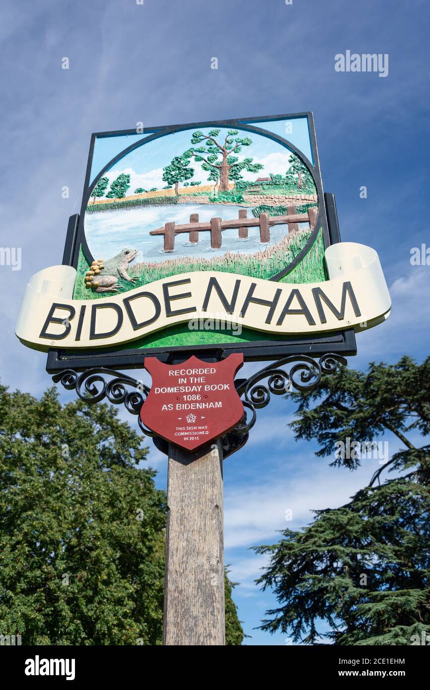 Village Sign, The Green, Biddenham, Bedfordshire, Inghilterra, Regno Unito Foto Stock