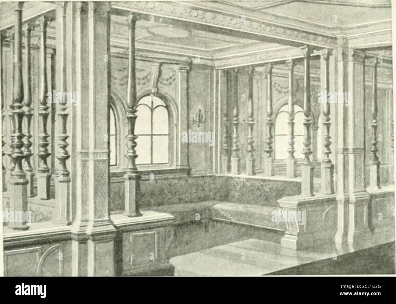 . Ingegnere marino . Fig 1A Vista della Sala di scrittura Gennaio i, 1908. L'INGEGNERE MARINO E NAVALE ARCHTJF I 209. Fig. 5Alcova in sala fumatori di prima classe. Design per lavori navali. Hanno archi semicircolari, , la caratteristica principale dello schema - un camino aperto e hanno l'aspetto delle finestre di un vecchio - con un camino massiccio sormontato con una casa privata fashioned. Al centro, alla cappa in legno intagliato in avanti. Ciò è ben illustrato in Fig. 6.fine della stanza, è forse che cosa può essere considerato Foto Stock