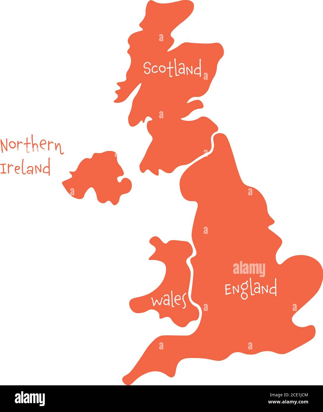 Regno Unito, alias Regno Unito, della Gran Bretagna e dell'Irlanda del Nord ha tracciato una mappa vuota disegnata a mano. Diviso in quattro paesi: Inghilterra, Galles, Scozia e NI. Semplice illustrazione vettoriale piatta. Illustrazione Vettoriale