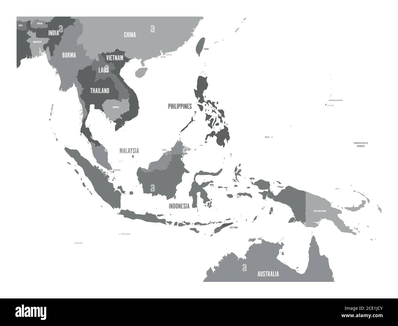 Mappa del Sud-est asiatico. Mappa vettoriale in sfumature di grigio. Illustrazione Vettoriale