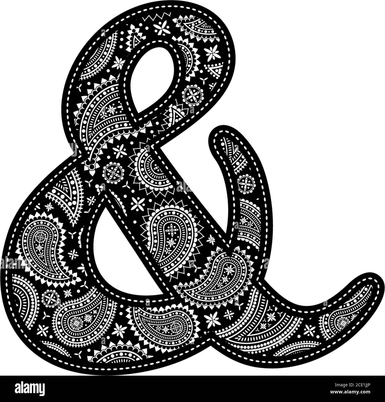 simbolo commerciale con disegno a paisley. Stile ricamo in colore nero. Isolato su bianco Illustrazione Vettoriale