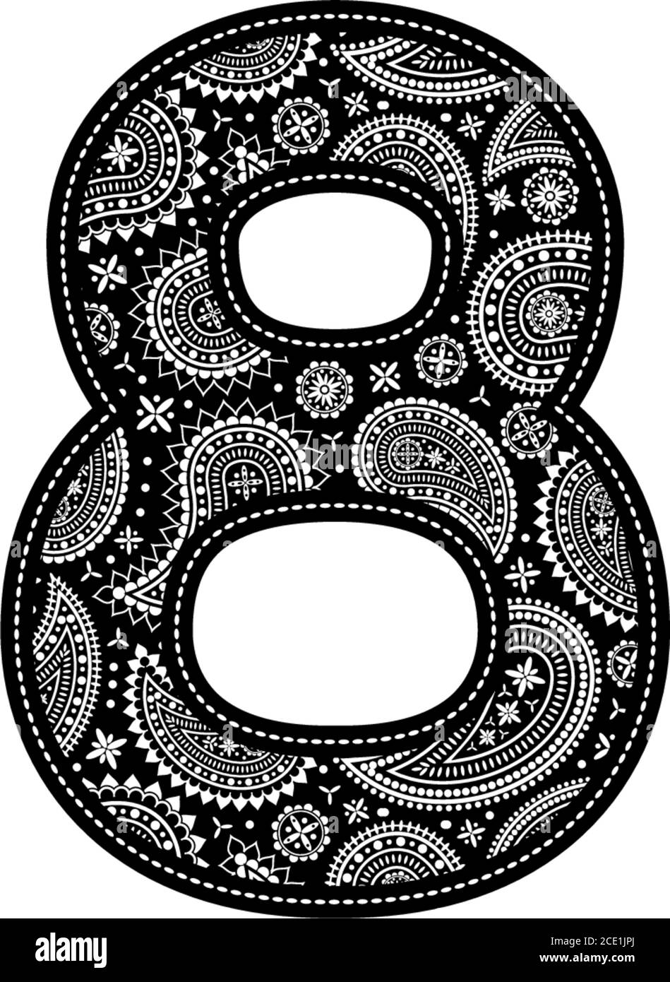 numero 8 con disegno a paisley. Stile ricamo in colore nero. Isolato su bianco Illustrazione Vettoriale