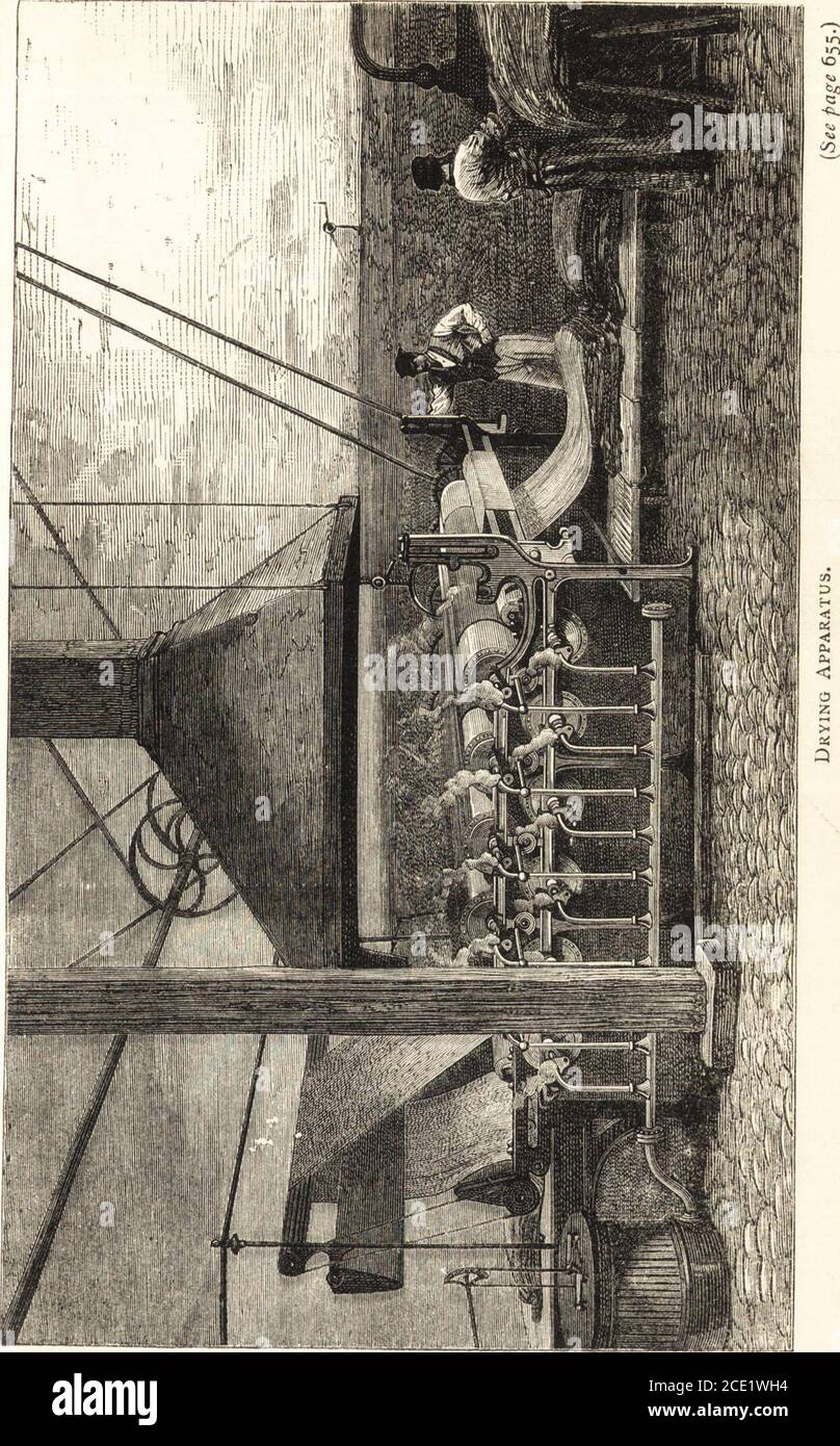 . Un pratico manuale di tintura e stampa calorica. Con undici pagelle, quarantasette esemplari di tessuti tinti e stampati, e trentotto tagli di legno. Va menzionata la gravidanza del tessuto con un sale metallico solubile, precipitabile con idrogeno solforato. I pezzi vengono dapprima fatti passare in una soluzione contenente soluzioni di piombo, &c, e quindi posti in un'atmosfera di sulfurettedidrogeno; oppure i sali di metalli quali piombo, rame, mercurio, cadmio, miscelati con iposolfito di soda, vengono stampati sul tessuto, e vengono sottoposti a lattersteamed; l'iposolfito si decompone in s. Foto Stock