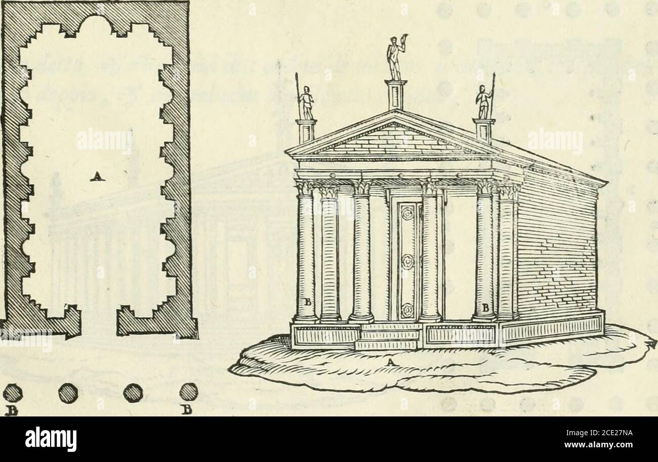 . Della architettvra . Il secondo è fatto ricerca in colonne, perche dinanzi à ciafcuno de pila-siri, che fino del primo a/petto è contrapofìa una colonna, & pesca dieffa fi appoggia un frotefyicio : & quefa forma e detta da Greci Trpócvxog.. I L tergo è detto *>?i7r/>o<n/AOC, perche saggiunge al fidetto afetto daietre pofiertore unaltra faccia fimile di colonne, & di fronteificio .Architet. Del rvsconi. 2£  IL 5° LIBRO Foto Stock