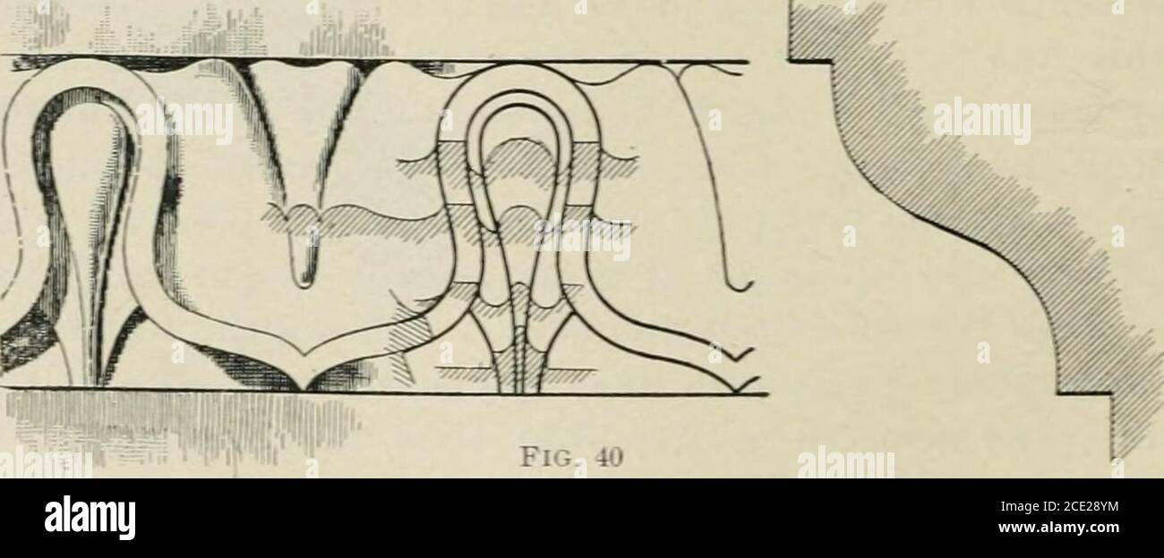 . Un manuale sull'ingegneria meccanica ed elettrica . Fig. .39 esecuzione di lamiera, spesso un disegno in sezione è fatto direttamente sopra un'altra vista, E le linee di indi-cazione della sezione sono contraddistinte da tratteggio corto,come mostrato sulla piastra nel piano del problema precedente.brevi porzioni di viste in sezione sono anche frequentemente riportate in questo modo sui disegni di lavoro, per indicare la forma, o profilo, delle modanature, i diversi piani di superfici adiacenti, o i diversi livelli a cui certe notazioni Foto Stock