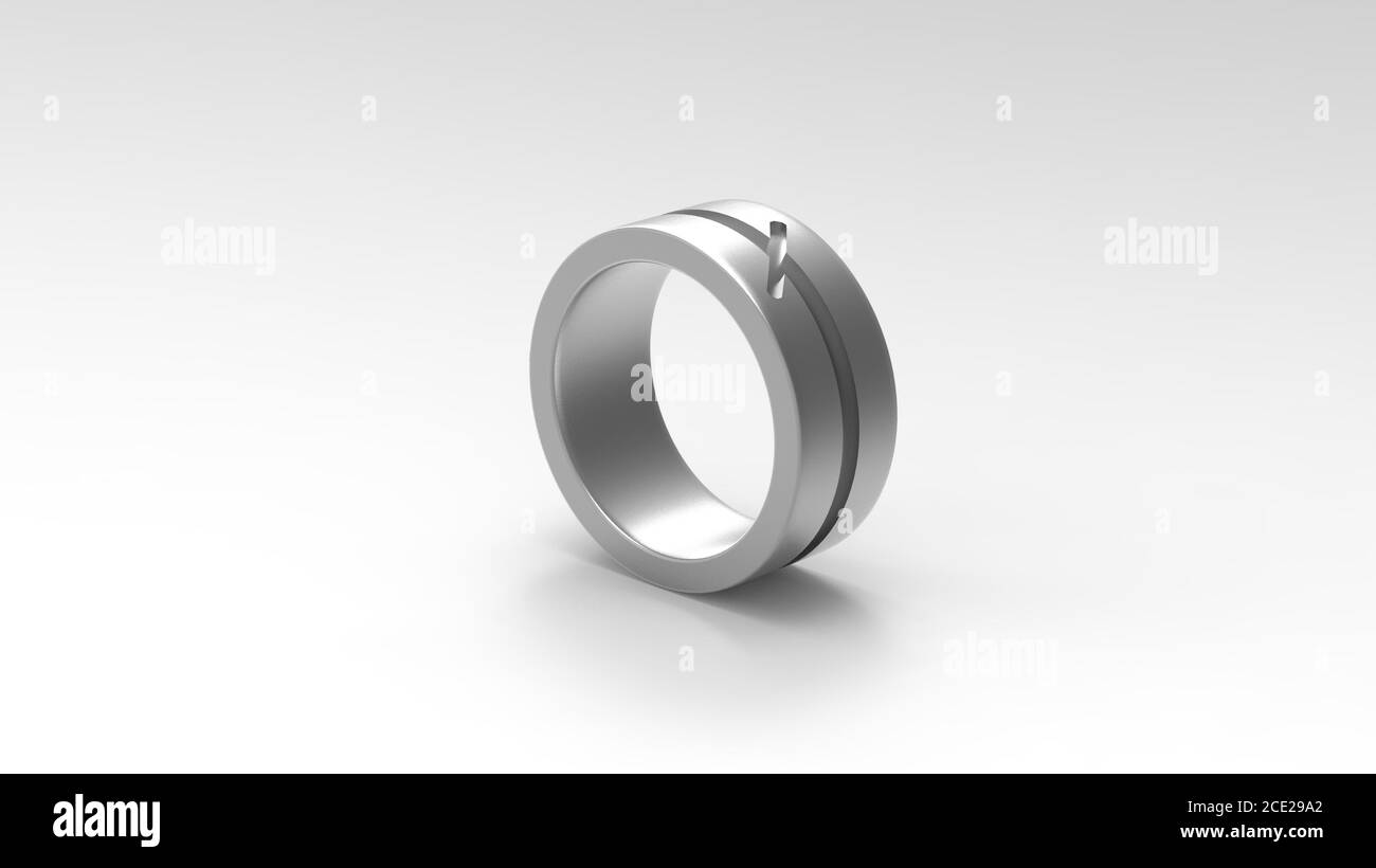 rendering 3d, anello grigio su sfondo nero. gioielli forma circolare in metallo. spazio vuoto con luce ultravioletta. gioiello metallico mostra scena moda, astratto Foto Stock
