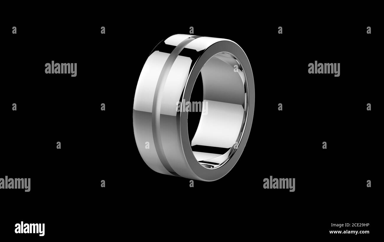 rendering 3d, anello grigio su sfondo nero. gioielli forma circolare in metallo. spazio vuoto con luce ultravioletta. gioiello metallico mostra scena moda, astratto Foto Stock