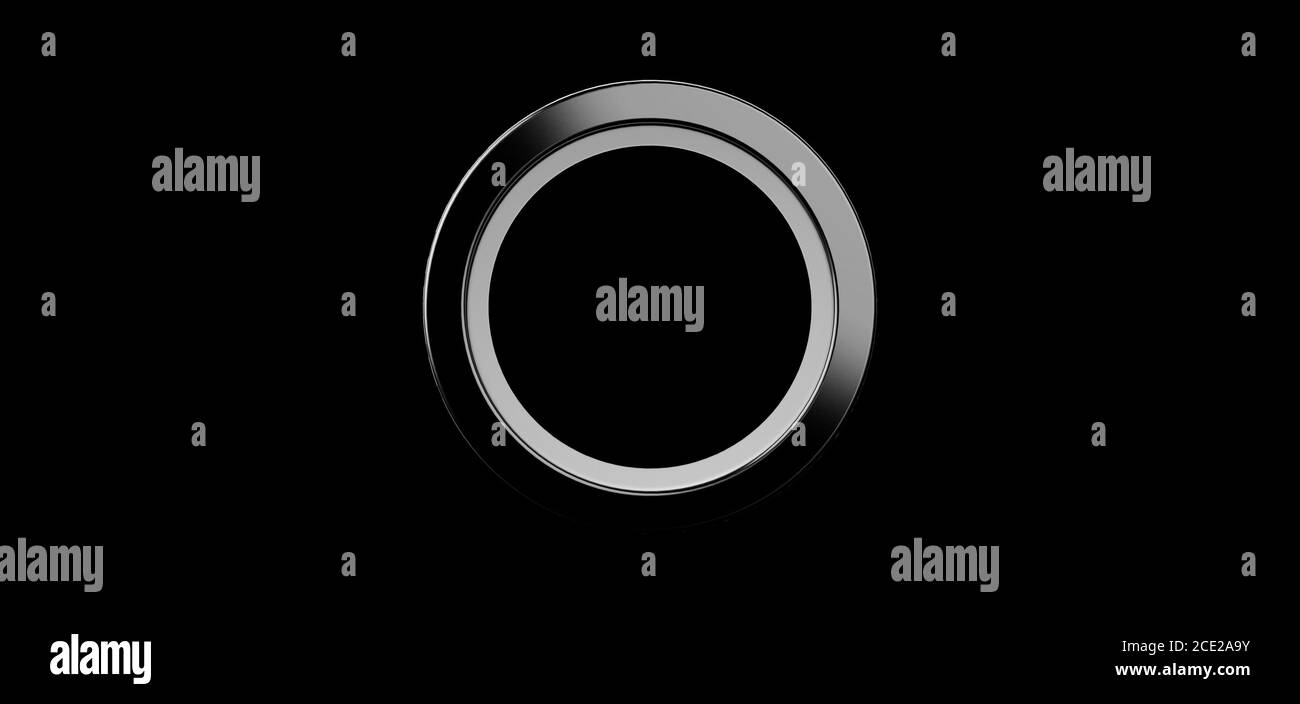 rendering 3d, anello grigio su sfondo nero. gioielli forma circolare in metallo. spazio vuoto con luce ultravioletta. gioiello metallico mostra scena moda, astratto Foto Stock