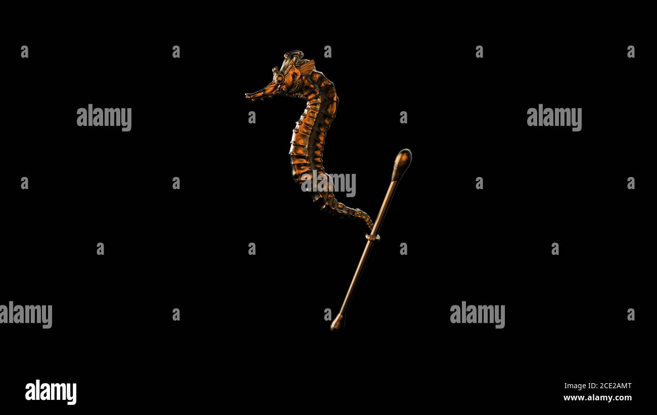 Rendering sculpt 3d vista laterale di un comune cavalluccio marino in metallo arancione con tamponi. Fermare l'inquinamento delle plastiche oceaniche. Composto da sacchetto di plastica bianca per rifiuti, flacone sopra Foto Stock