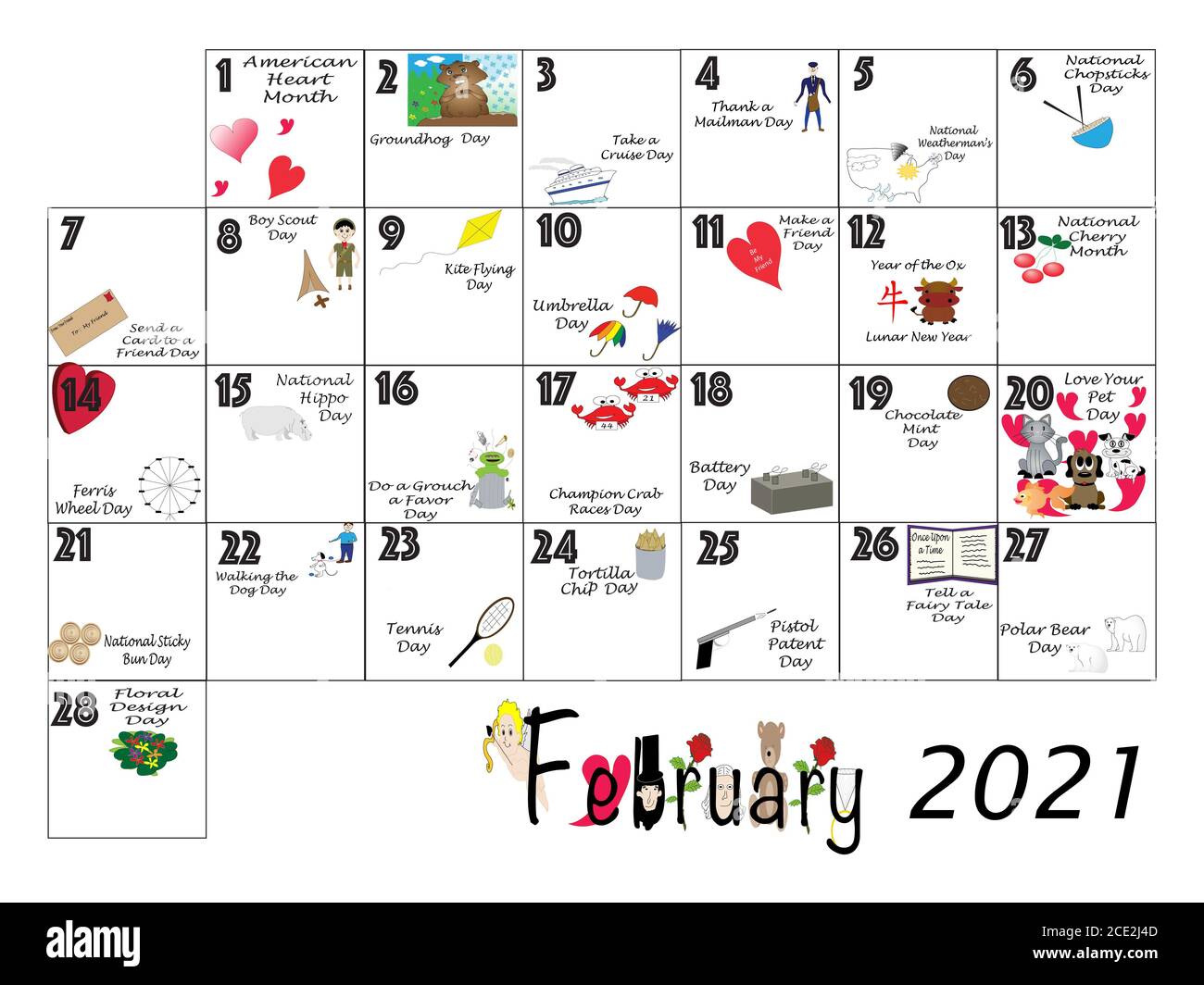 Febbraio calendario mensile illustrata e annotata con daily Quirky festività e celebrazioni insolita con domenica inizio settimana. Foto Stock