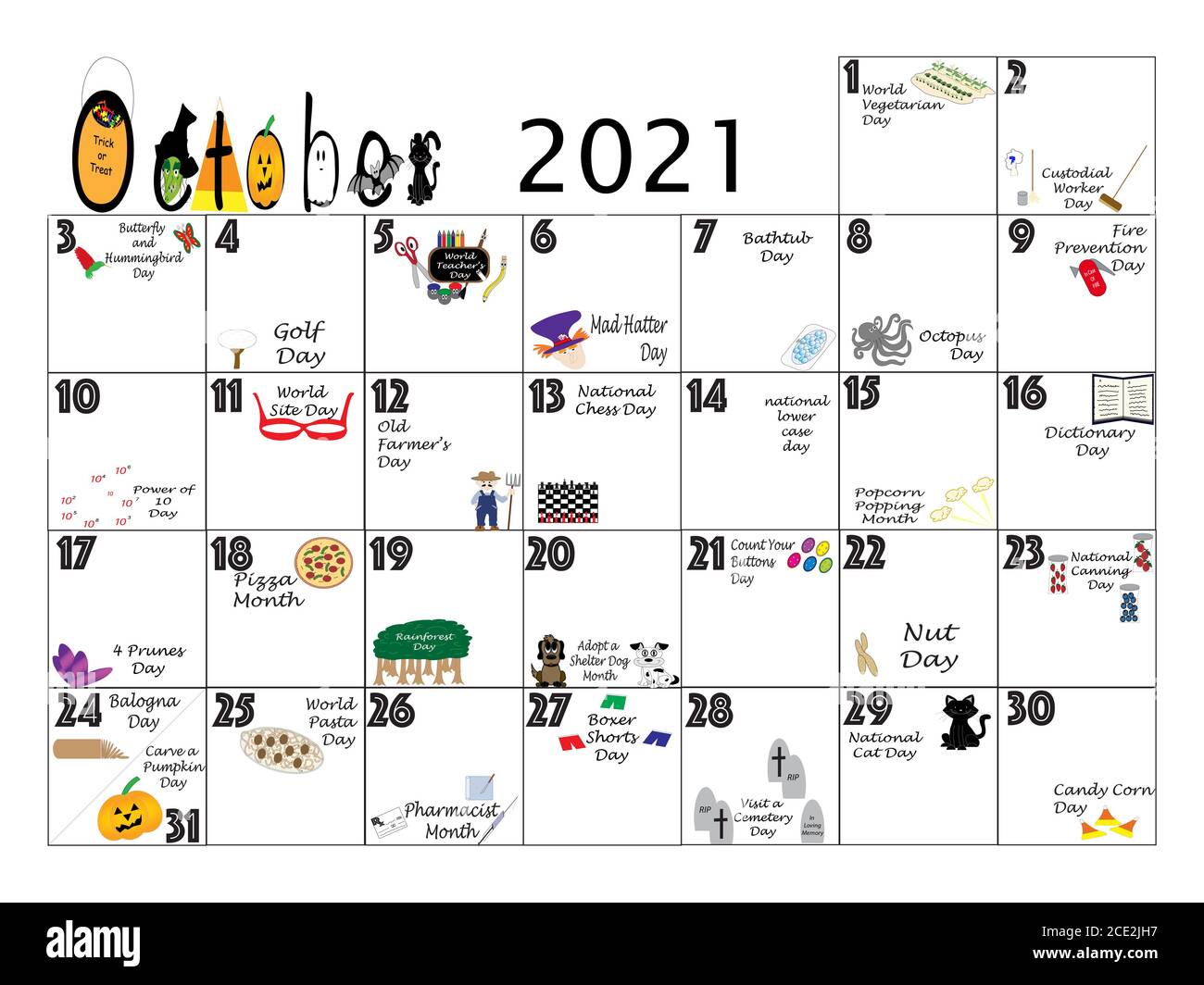 Ottobre calendario mensile illustrata e annotata con daily Quirky festività e celebrazioni insolita con domenica inizio settimana. Foto Stock Ottobre calendario mensile illustrata e annotata con daily Quirky festività e celebrazioni insolita con domenica inizio settimana. Foto Stock