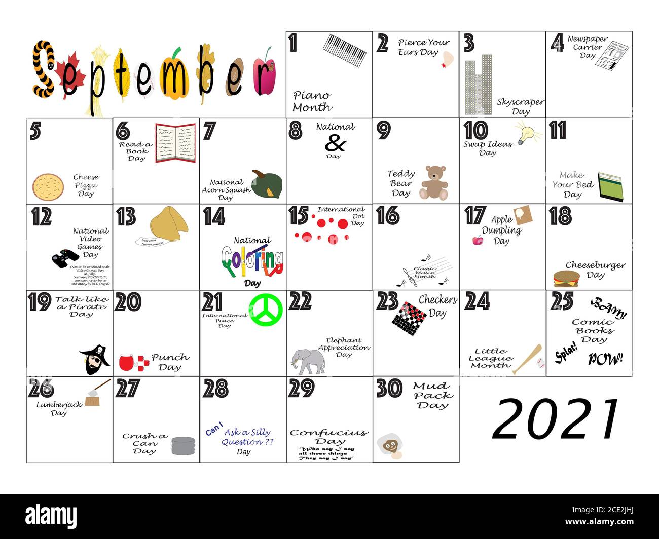 Settembre calendario mensile illustrata e annotata con daily Quirky festività e celebrazioni insolita con domenica inizio settimana. Foto Stock
