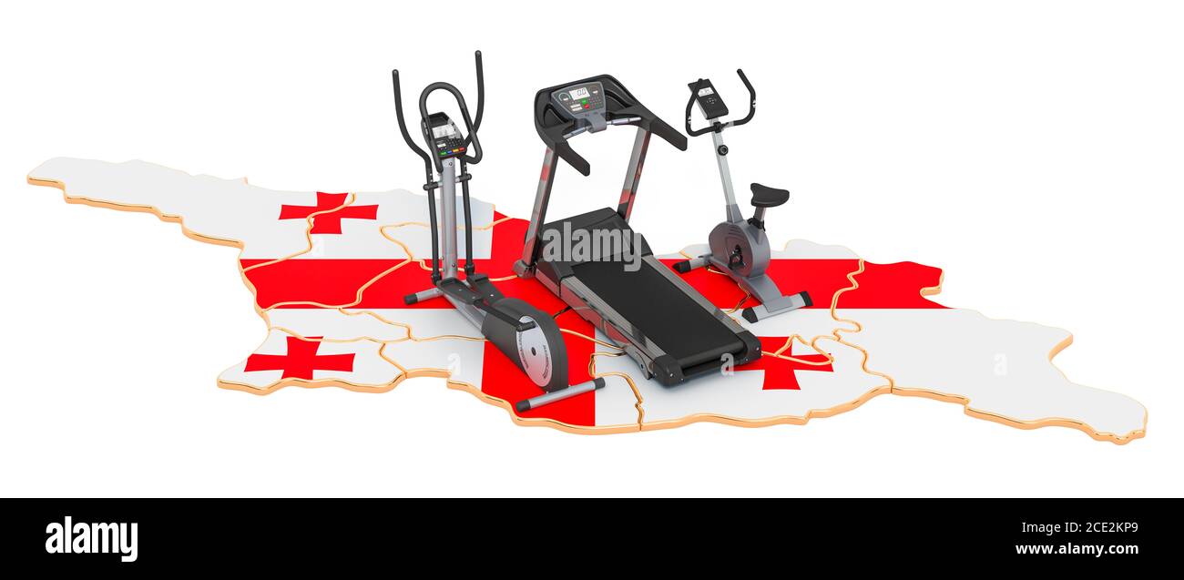 Club sportivi in Georgia. Fitness, attrezzature sportive su mappa georgiana. Rendering 3D isolato su sfondo bianco Foto Stock