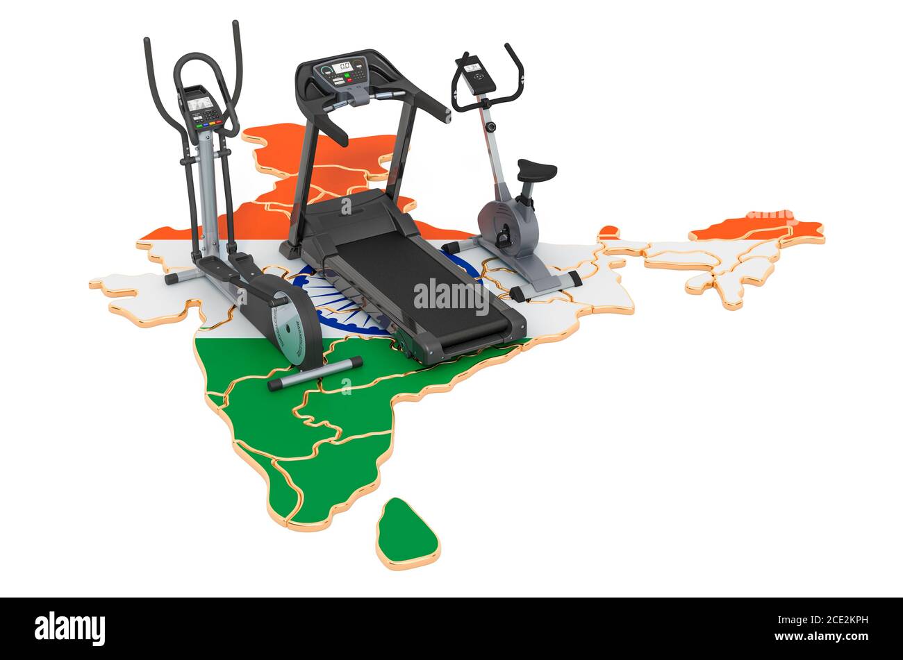 Club sportivi in India. Fitness, attrezzature sportive su mappa indiana. Rendering 3D isolato su sfondo bianco Foto Stock